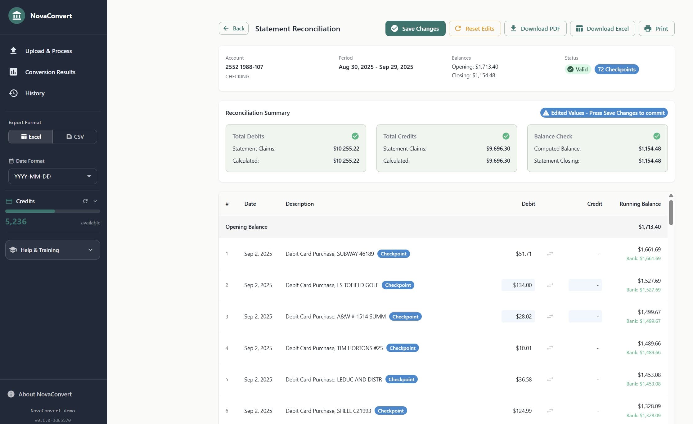 NovaConvert reconciliation page — balance checkpoint mismatches warning visible above a transaction table where each row shows a computed running balance alongside the bank's stated balance.